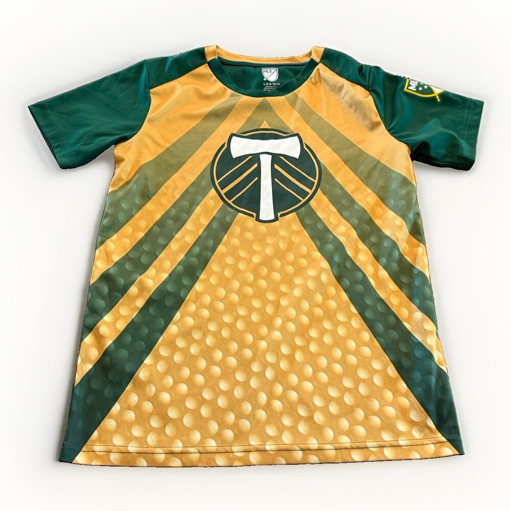 MLS Portland Timbers Youth Green Gold MLS Soccer Jersey Shirt Size L 12/14